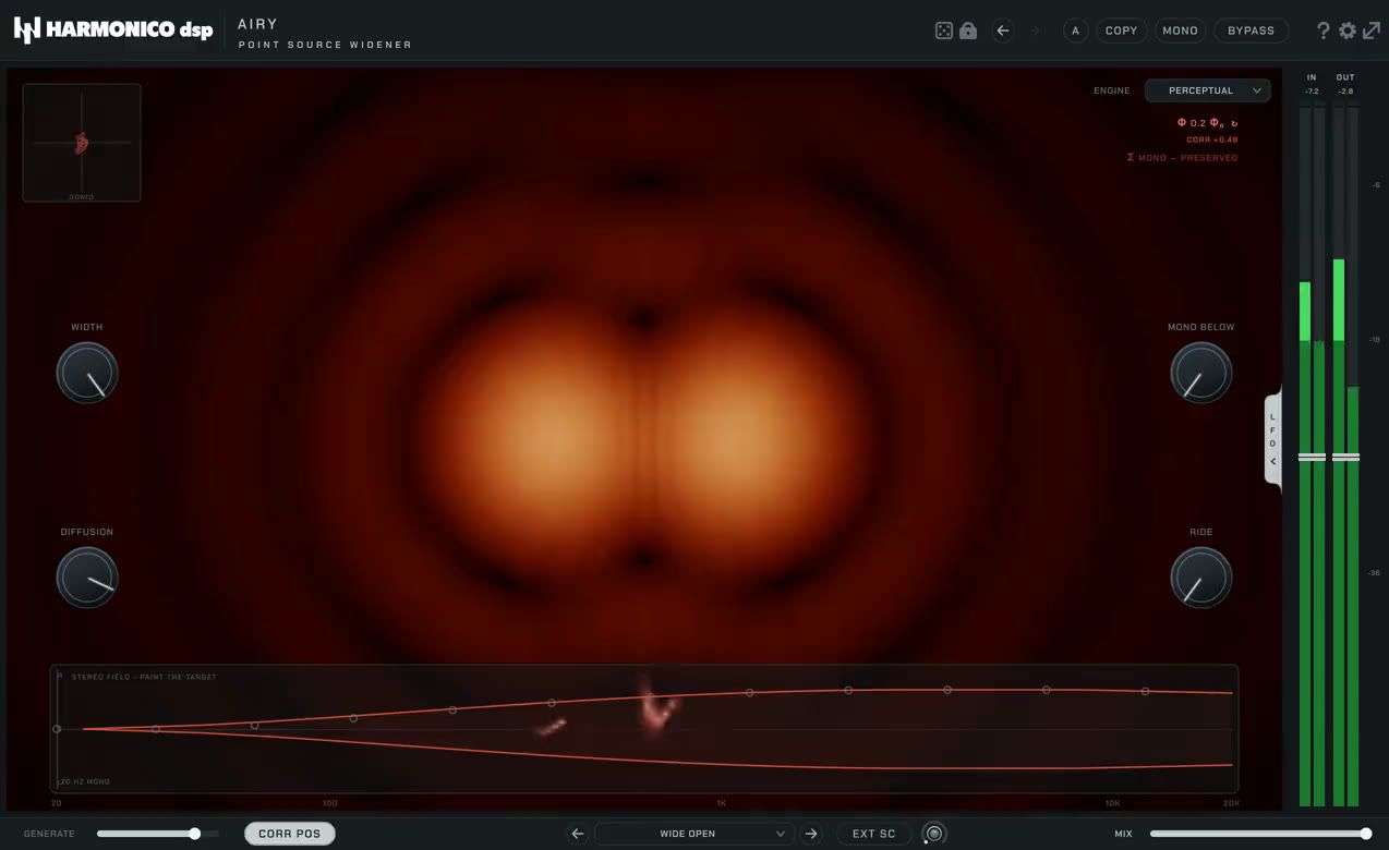 The Airy interface: the diffraction figure of a point source, with the stereo field map underneath.