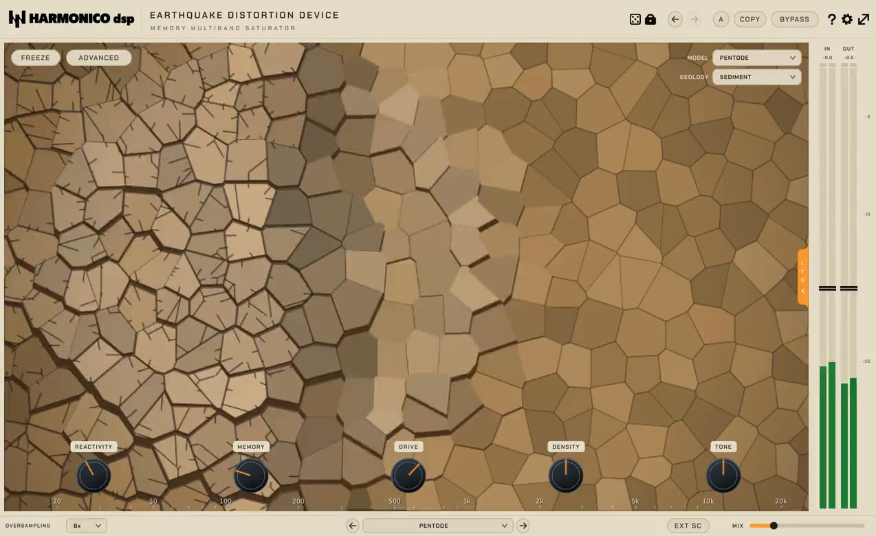 The Earthquake Distortion Device interface: the clay terrain fracturing under the spectral energy, over the drive controls.