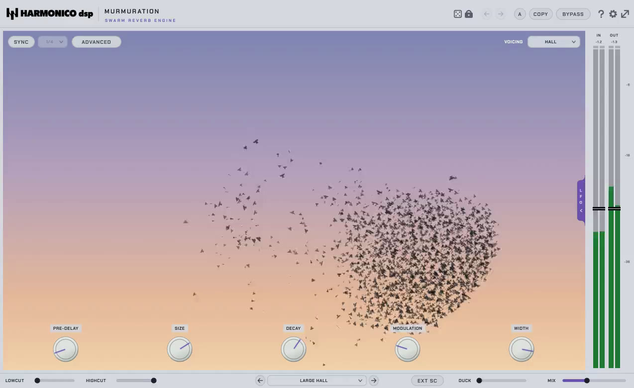 The Murmuration interface: the flock that shapes the tail, over the reverb controls.